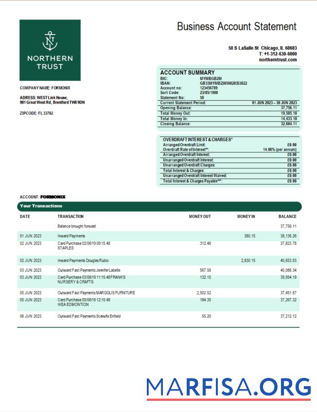 Downloadable Northern Trust Bank firm statement Word and PDF template